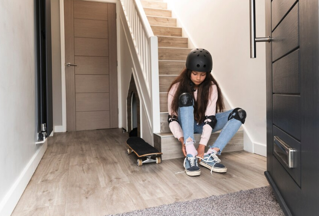 A girl sitting on the stairs with a skateboard and storage space under the stairs